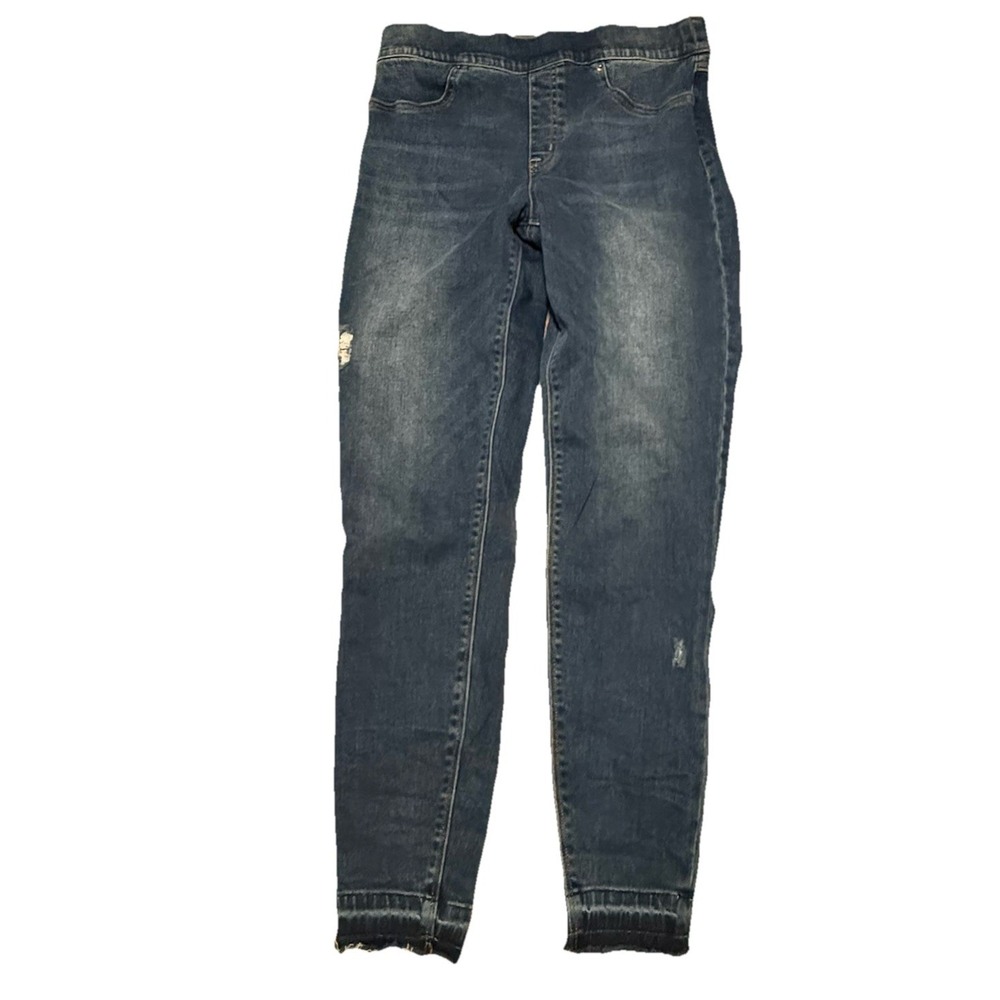 Spanx Jeans Womens M Pull On Blue Skinny Fit Stretch Medium Distressed Raw Ankle